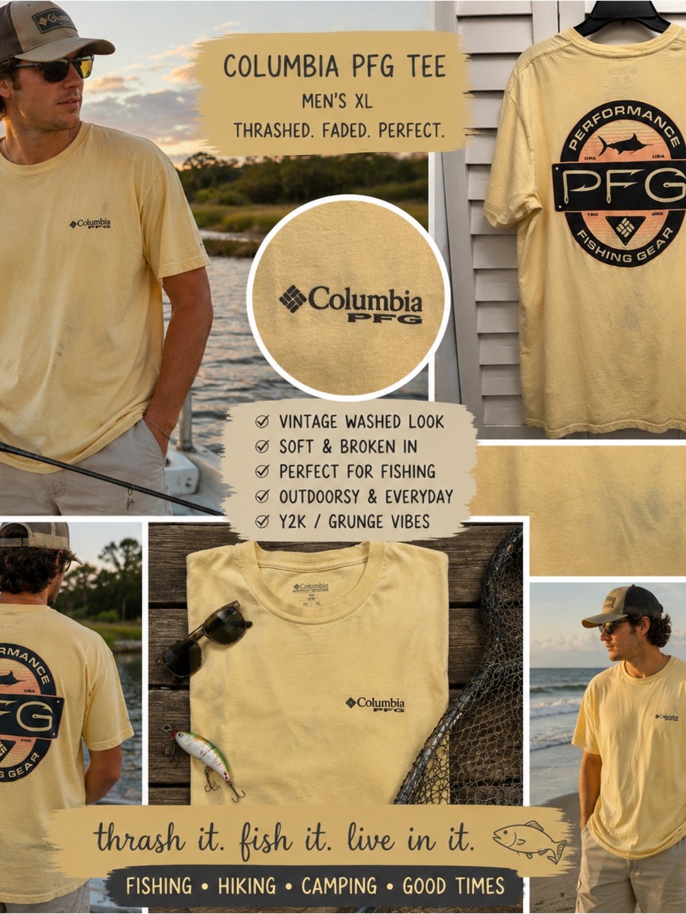 Columbia PFG Shirt Men XL Yellow Thrashed Distressed Fishing Y2K Grunge Tee Gorp